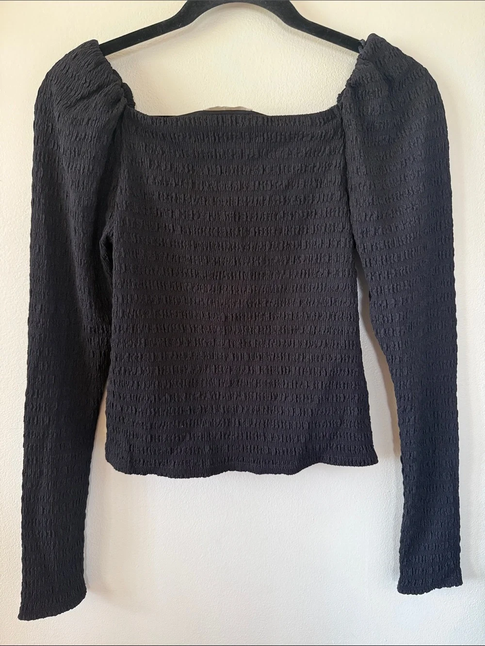 H&M Black Smocked Puff-Sleeve Long-Sleeve Top